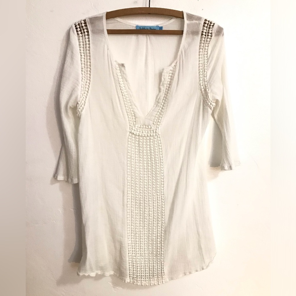 Solitaire Swim Crochet Cover-Up Dress Women Size L White Boho Beach Fairycore